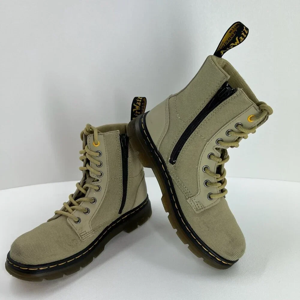 Dr. Martens Youth Combat Boots Size 13 Lace Up Side Zip Beige Canvas